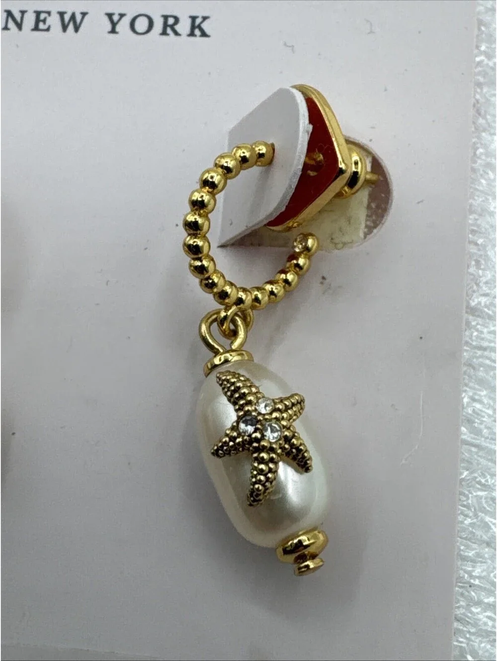 Kate Spade Coral Enamel Fresh Water Pearl Drop Earrings Starfish Gold Tone 1”